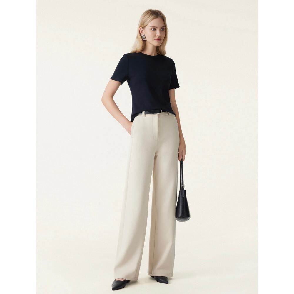 OGL Move High Waisted Wide Leg Trouser Pants Cream Off-White Stretch Lounge S